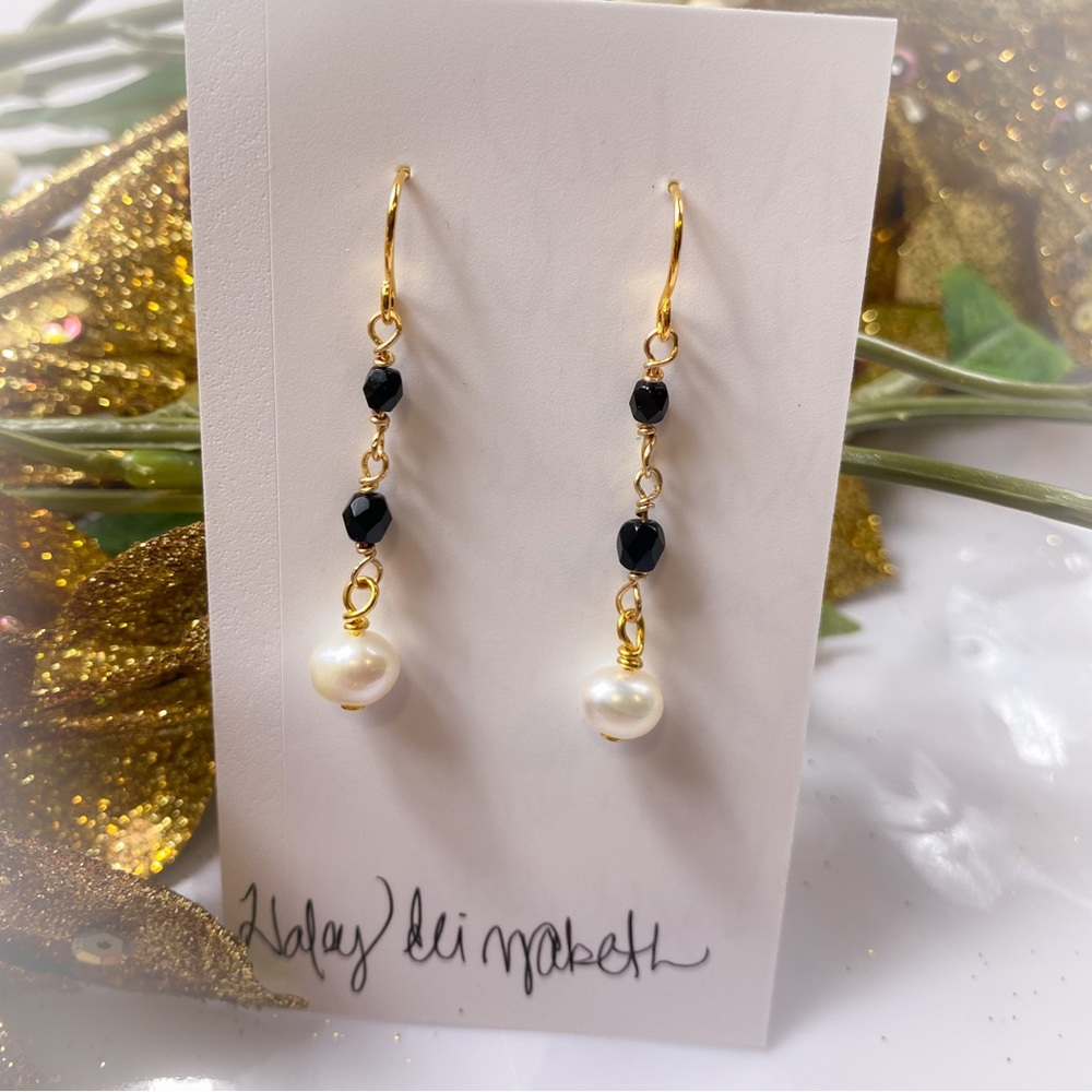 Gold Plated Pearl & Black Glass Earrings
